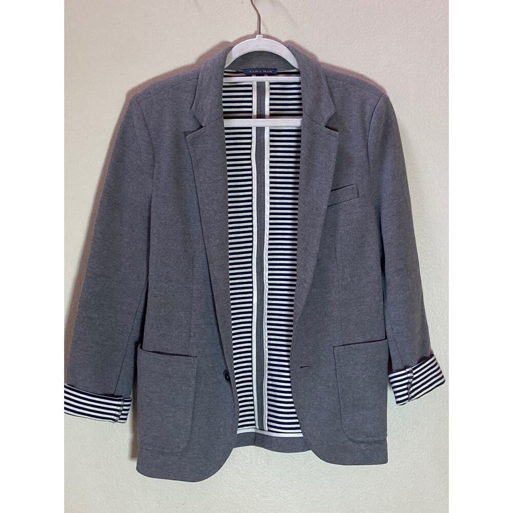 Zara Gray Knit Blazer Interior Cotton Stripes ~ Nautical Prep ~ Men S Women M/L - Picture 3 of 7